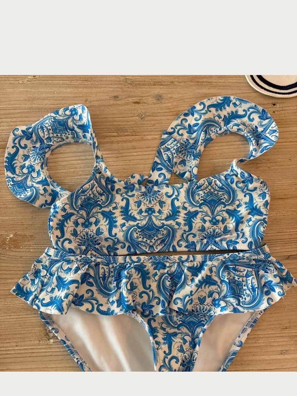 Blue and White Floral Ruffle Girls' One-Piece Swimsuit